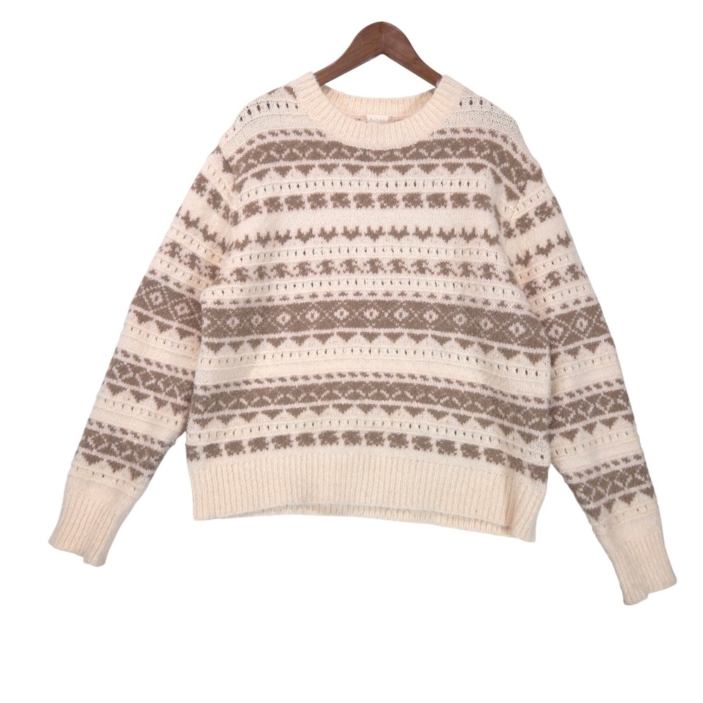 Altar'd State Fair Isle Pointelle Knit Sweater Women L Cream Taupe Crewneck Wool